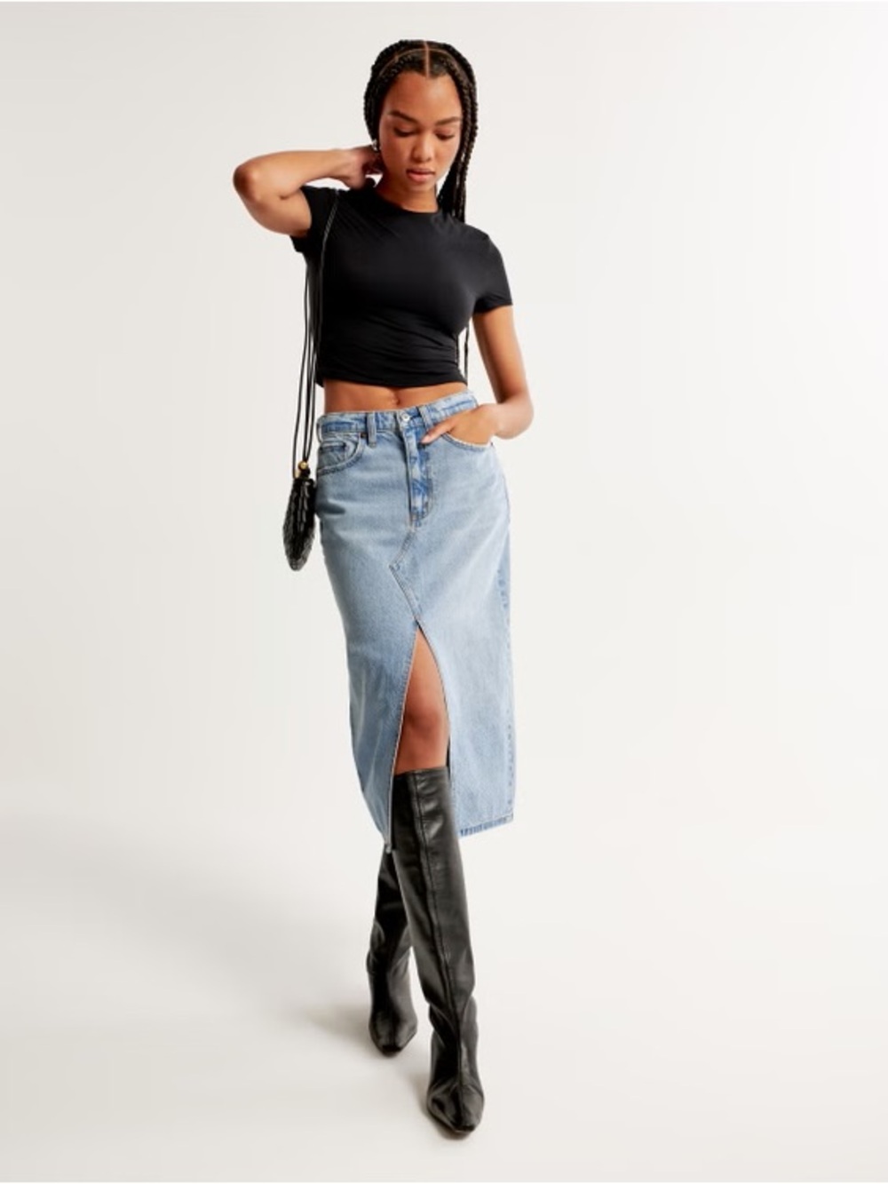 Abercrombie & Fitch Light Wash Denim Midi Skirt with Front Vent